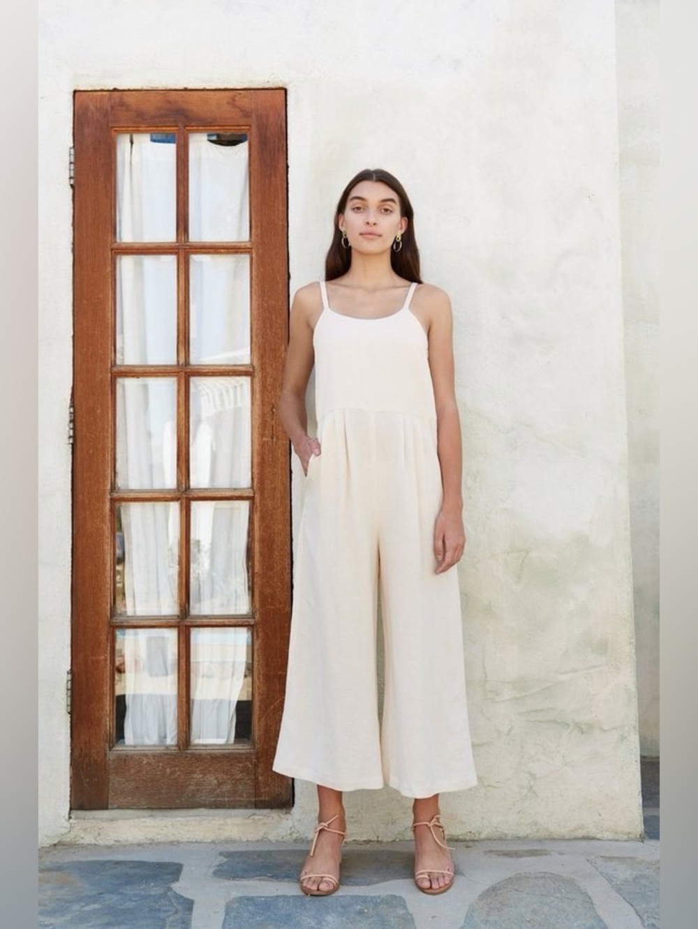 Cream Wide-Leg Spaghetti Strap Jumpsuit